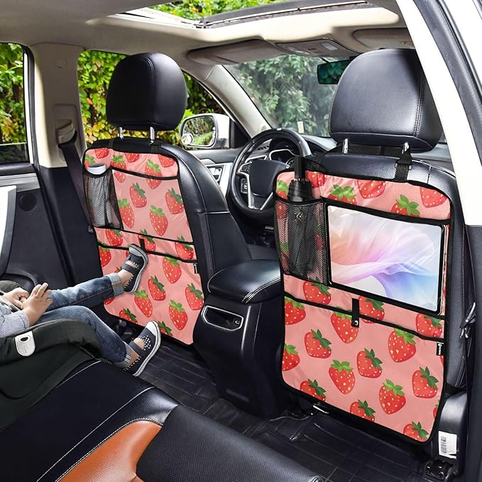 JIPONI Car Backseat Organizer, Strawberrys Pink Automotive Back Seat Protector, Kick Mats with Storage Pockets for Kids Pets, Road Trip Accessories