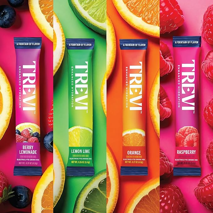 TREVI™ Sugar Free Electrolytes - Drink Mix Hydration Powder Packets - 8 Count - Original Variety Pack - Berry Lemoande, Lemon Lime, Raspberry, Orange