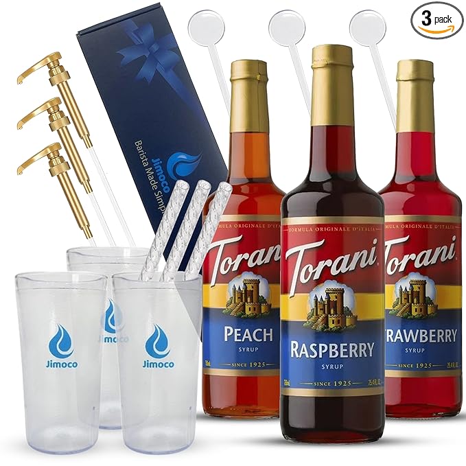 Jimoco Barista Set – Torani Raspberry, Strawberry & Peach Syrups (25.4 oz Each) with 3 Jimoco Syrup Pumps, Reusable Cups, Straws & Stirrers – Coffee, Italian Soda & Cocktail Flavoring Kit