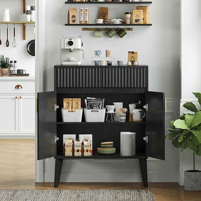 Sideboard Storage Cabinet with 2 Drawers & 2 Doors, Fluted Kitchen Buffet Cabinet with Adjustable Shelves, Coffee Bar Station for Living Room, Entryway, 13.8 x 27.6 x 35.6 Inches, Black