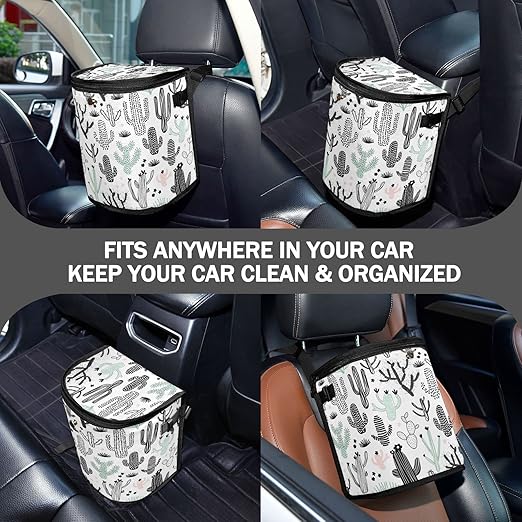 Cactus Car Trash Can Black Green Cacti Tropical Car Garbage Bag with Lid Hanging Waterproof Leak Proof Vehicle Storage Bin