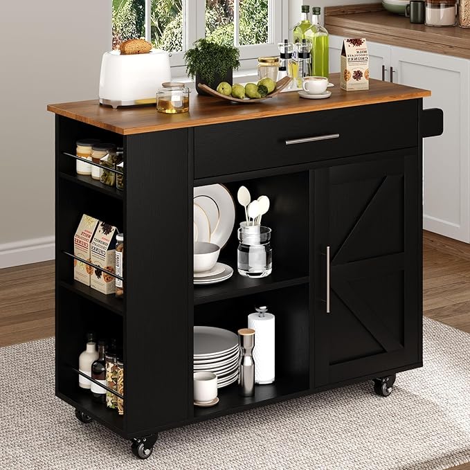 4 EVER WINNER Kitchen Island with Storage, Rolling Kitchen Island with Spice Rack & Towel Rack & Open Shelves, Island Table for Kitchen with Storage Cabinet and Drawer, Black