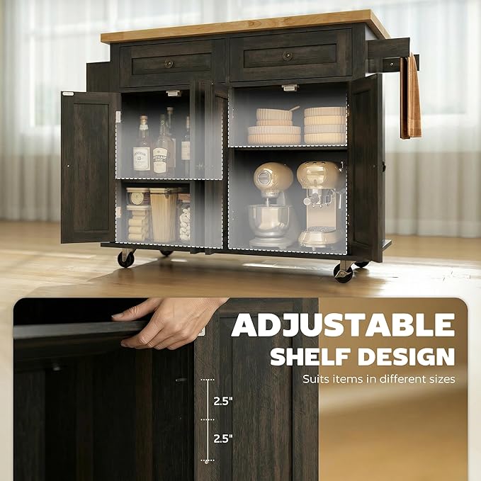 HOMCOM Kitchen Island Cart with Rubber Wood Top, Rolling Kitchen Island Table on Wheels with Drawers, Adjustable Shelves, Spice Rack and Towel Rack for Dining Room, Brown Oak
