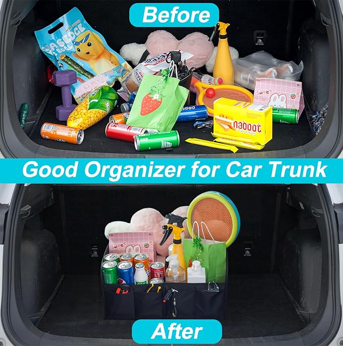 Trunk Organizer For Suv & Sedan,Car Organizers and Storage, Waterproof Collapsible & Adjustable Straps,35L Sturdy Car Organization for Car Accessories, Tools,Sundries,2 Compartment（Black）