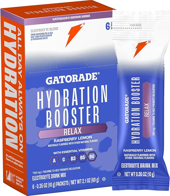 Gatorade Hydration Booster Electrolyte Drink Mix Powder Packets, Relax and Unwind, Raspberry Lemon, Makes 20 Fl Oz (Pack of 48)
