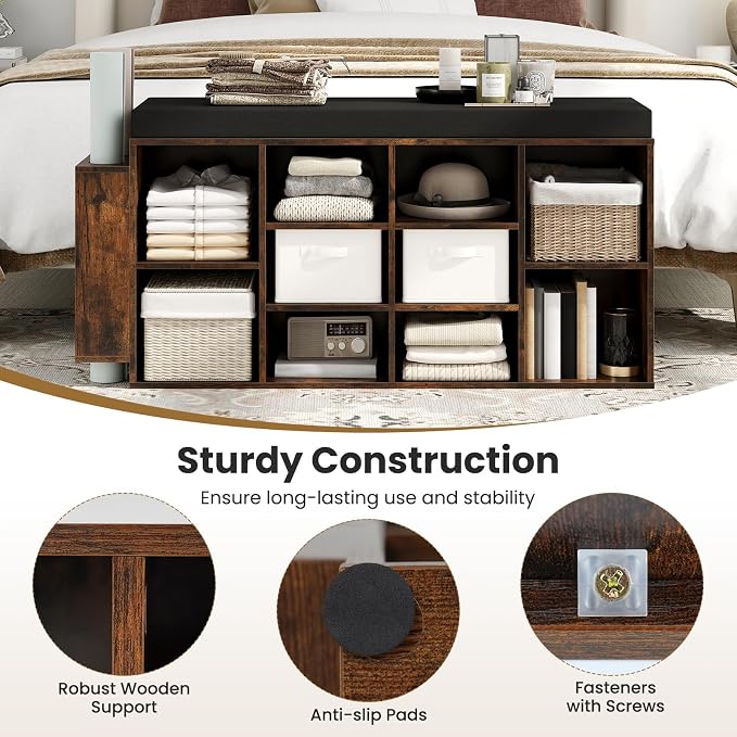 Giantex Shoe Storage Bench with Umbrella Stand, 10-Cubby Entryway Shoe Rack Organizer with Padded Seat, Adjustable & Removable Shelves for Hallway, Living Room & Bedroom (Rustic Brown)