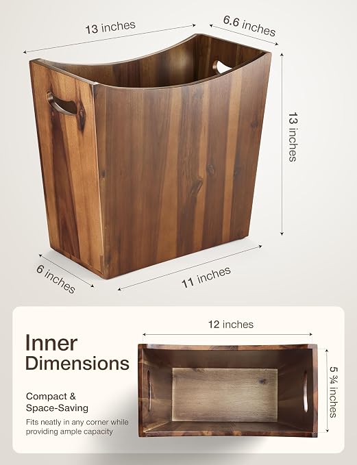 Tidita 3-Gallon Acacia Wood Wastebasket, Small Wood Trash Can with Handles | Acacia Wood, 13" L x 6.6" W x 13" H, Integrated Handles, Non-Slip, Rustic Style for Bathroom, Bedroom, Kitchen, Walnut Color