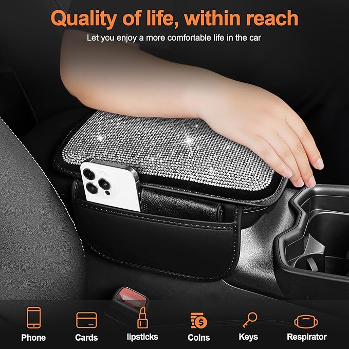 Bling Car Center Console Cover Custom Fit for Jeep Compass - Leather Armrest Cover with 2 Storage Pockets and Crystal Rhinestones(Black)