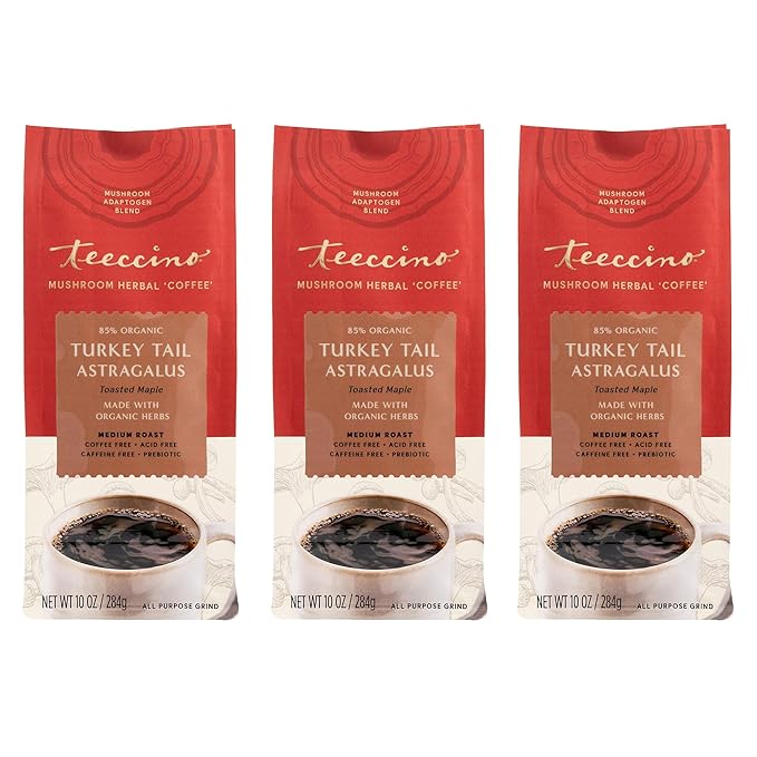 Teeccino Turkey Tail Astragalus Coffee Alternative - Toasted Maple - Adaptogenic Herbal Mushroom Coffee, Medium Roast, Caffeine Free, Prebiotic, Acid Free, All-Purpose Grind - 10 Oz, Pack of 3