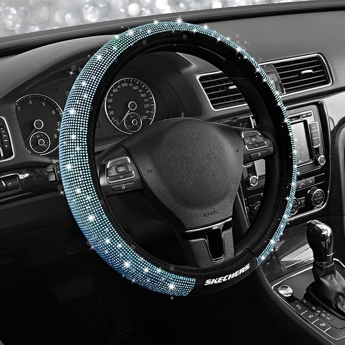 Skechers Women’s Bling Steering Wheel Cover, Velvet with Sparkly Crystal Rhinestones, Stylish Car Interior Gift, Universal Fit 14" 1/2-15" for Cars, SUVs, Trucks, Blue Diamond