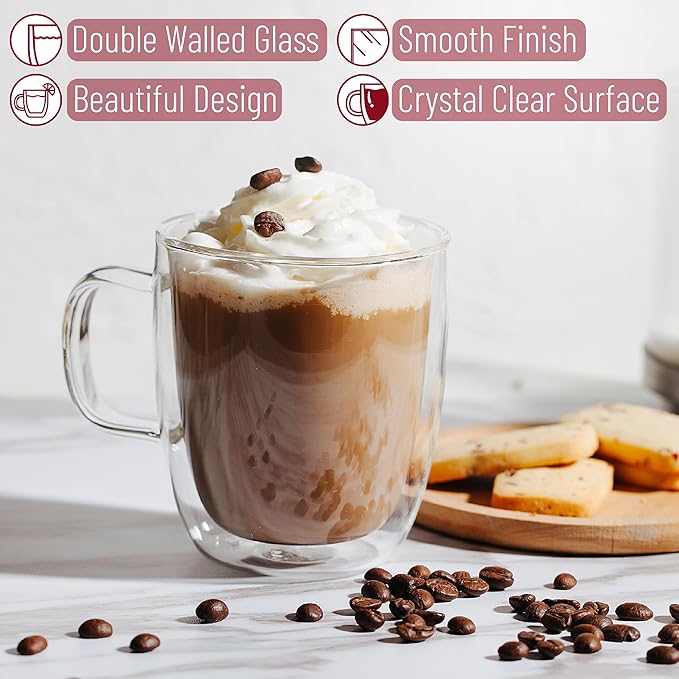 BTaT- Double Walled Glass Coffee Mugs, 12 oz, Set of 4, Glass Coffee Cups with Handle, Insulated Clear Coffee Mug for Hot Beverages, Cappuccino, Latte, Tea, Americano, Microwave & Freezer Safe