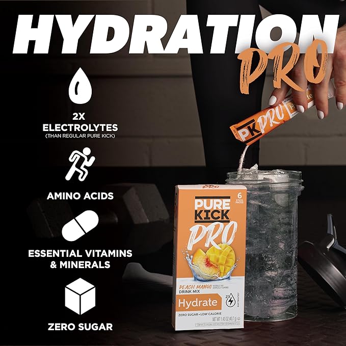 PURE KICK PRO Hydration Electrolyte Drink Mix, Peach Mango, Includes 1 Box with 6 Packets in Each Box