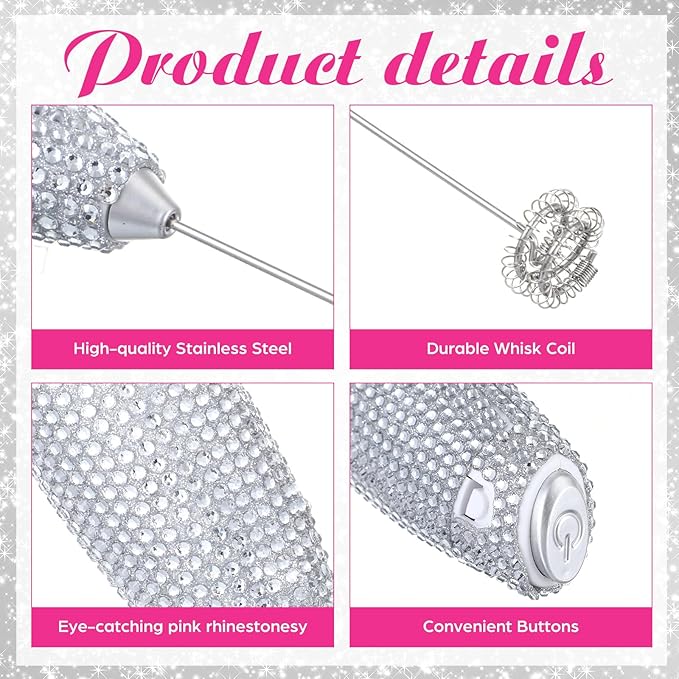 Rhinestone Milk Frother with Stand Sparkly Handheld Battery Operated Electric Foam Maker with Bling Handle, Single Coil Head Whisk Coffee Drink Mixer for Lattes Matcha(Silver)