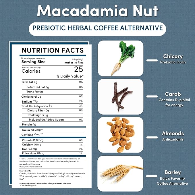 Teeccino Macadamia Nut Prebiotic SuperBoost™ Coffee Alternative - 10 Ounce - Support Your Probiotics with Caffeine-Free Herbal Coffee Featuring 3 Vegan Prebiotics for Good Gut Health & Regularity