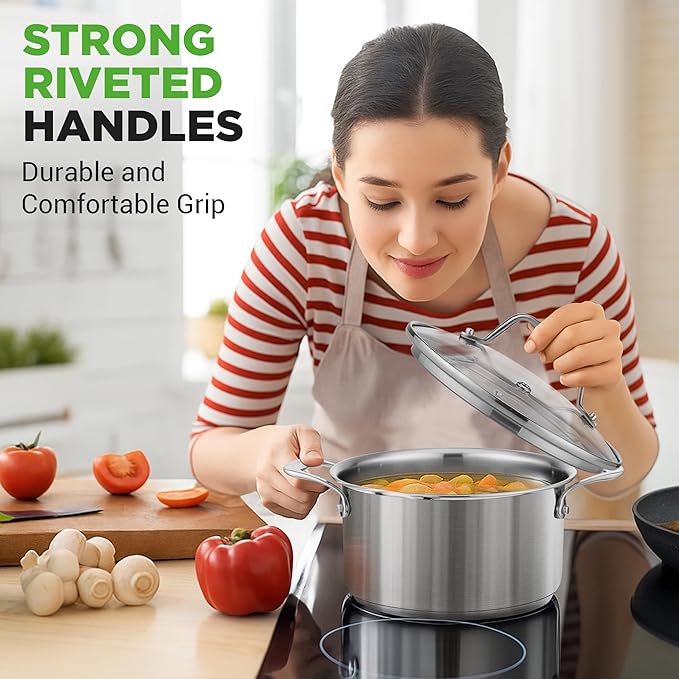 NutriChef 3-Quart Stainless Steel Soup Pot - 18/8 Food Grade Heavy Duty Cookware, Stock Pot, Stew Pot, Simmering Pot Kitchenware w/See Through Lid, Dishwasher Safe, For Induction Gas Ceramic Cooktops