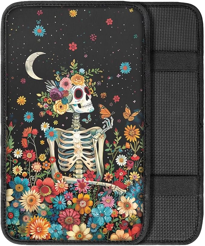 Floral Skull Car Center Console Cushion Pad for Women Gothic Skeleton Armrest Seat Box Cover Dustproof Auto Armrest Cover Protector Sugar Skeleton Cars Interior Accessories
