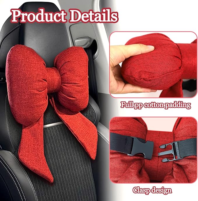wuyaoyao Bow Car Headrest Pillow, Cute Bow Shape Car Neck Pillow, Soft Comfortable Automotive Seat Headrest Pillows for Driver, Universal Vehicle Neck Support Cushion for Sleeping Travel(Red)