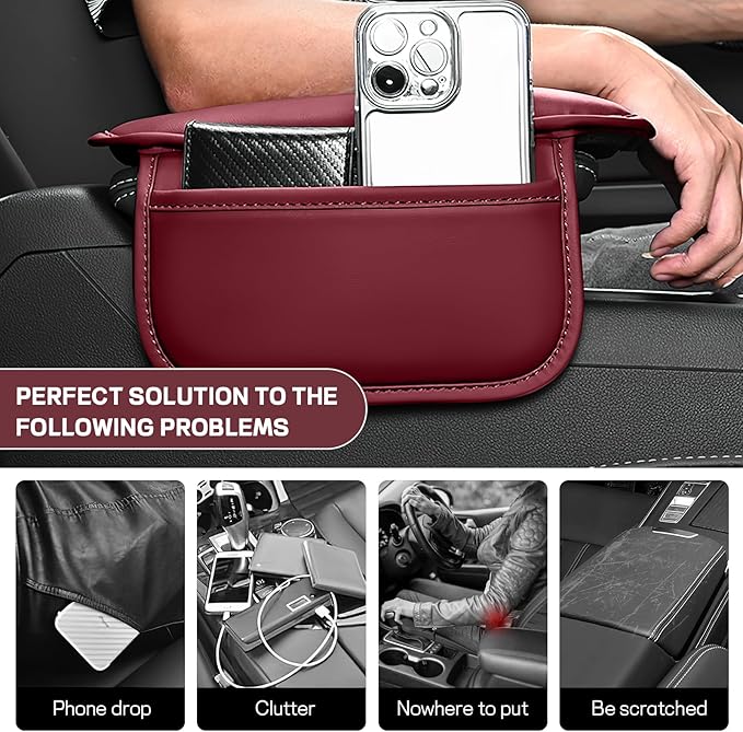wuyaoyao Car Center Console Cover, Leather Memory Foam Armrest Cover Cushion with 2 Storage Bags, Universal Car Armrest Seat Box Pad Car Interior Accessories Protector for Most Vehicle (Wine Red)