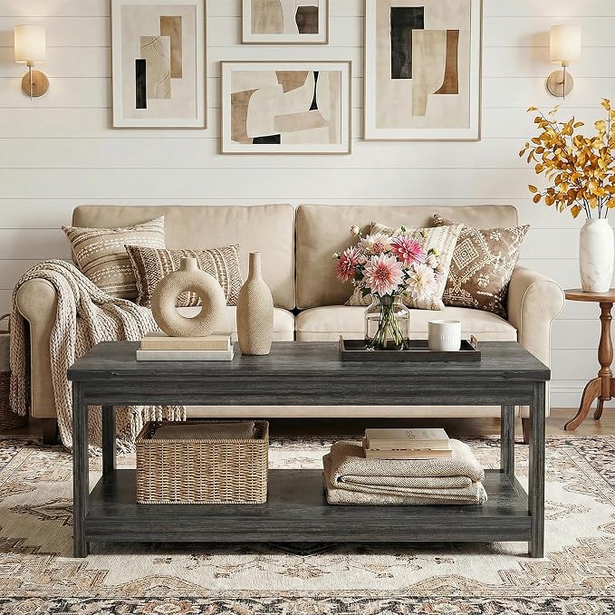 Homieasy 43.3” Rectangular Coffee Table with Storage Shelf, Farmhouse Wood Center Table for Living Room, Modern Black Tea Table with Open Shelf, Grey