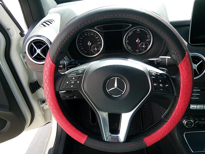 Jdragon Black & Red PU Leather Great Comfort Slip-On Steering Wheel Cover 14.25-15" Diameter