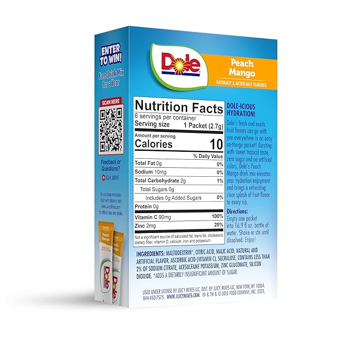 DYLA Dole Peach Mango - Powder Drink Mix - Sugar Free & Delicious - Makes 72 Flavored Water Beverages