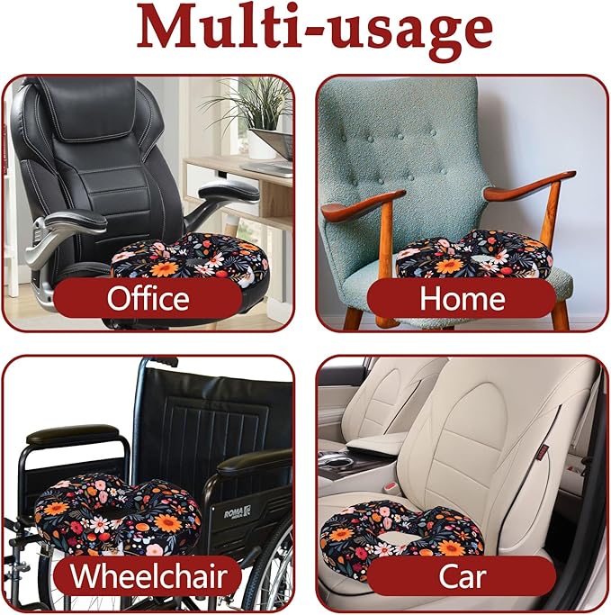 Floral Donut Pillow for Hemorrhoids Seat Cushion for Tailbone Pain Relief - Flower Home Office Chair Cushion for Long Sitting Work - Memory Foam Car Seat Cushions for Driving Butt Pain Pressure Relief