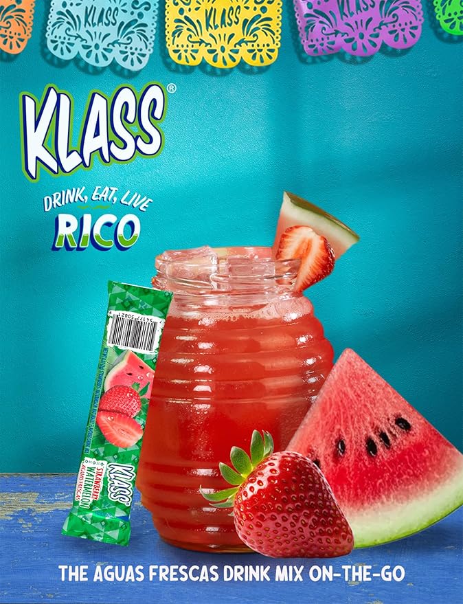 Klass Aguas Frescas, Powdered Drink Mix, 40 Singles Zero Sugar & Caffeine-Free Powder Packets, Water Drink Mix, Flavor: Strawberry Watermelon - 5 Calories Per Packet & Natural Flavors