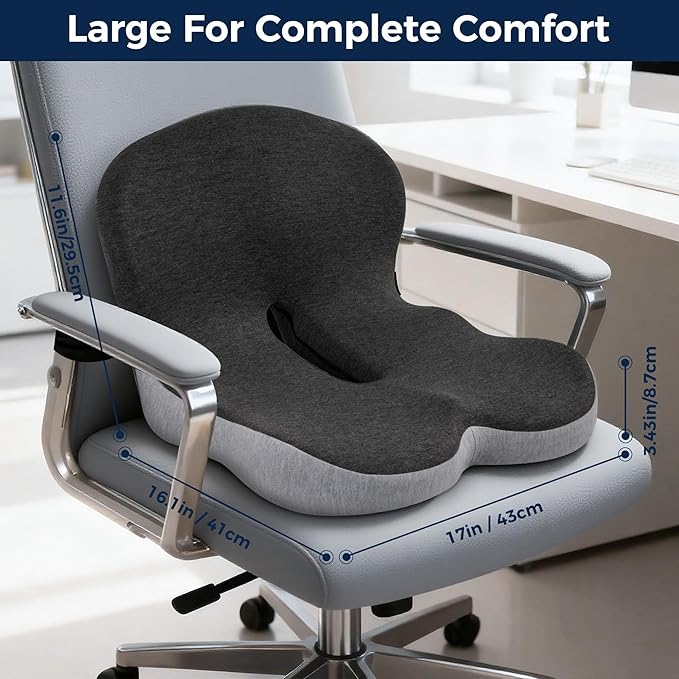 Seat Cushion, Office Chair Cushions for Tailbone Relief, Seat Cushions for Office Chair with L-Shaped Ergonomic Design & Adjustable Strap, Memory Foam Chair Cushion for Long Sitting Worker(Black Gray)