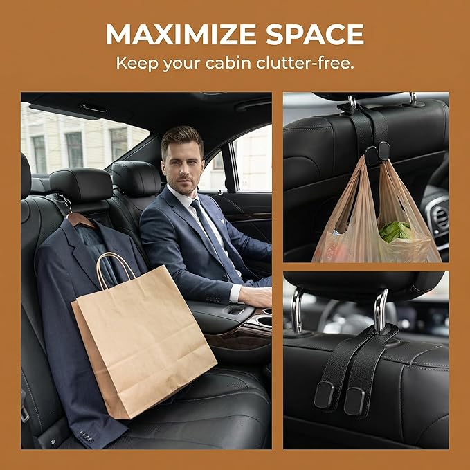 Car Headrest Hooks-4 Pack Heavy Duty Seat Hooks for Car Organizing, Universal Hanging Hooks for Purses Handbags Grocery Bags Coats, No-Slip Durable Car Accessories