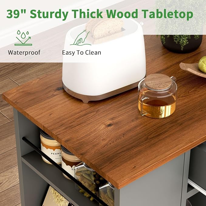 4 EVER WINNER Kitchen Island cart on Wheels with Storage, Kitchen Island with Spice Rack & Towel Rack, Rolling Kitchen Island with Open Shelves, Portable Island with Drawer, Grey