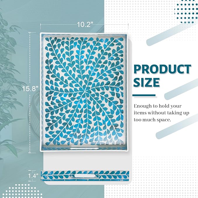 MAONAME Blue Decorative Tray, Plastic Serving Tray with Handles, Leaf Pattern Sticker Trays, Rectangular Trays for Living Room, 15.7" X 10.2" X 1.57"