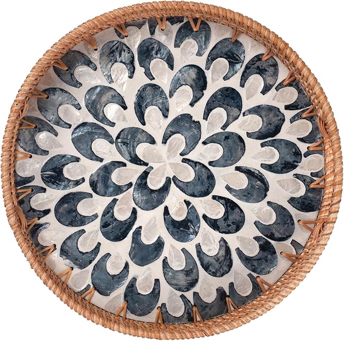 YANGQIHOME Round Serving Tray with Handle, Rattan Tray with Decorative Mother of Pearl Inlay, Round Wicker Trays for Home Decor, Coffee Table, Gifts, Dining, 11.8 inch