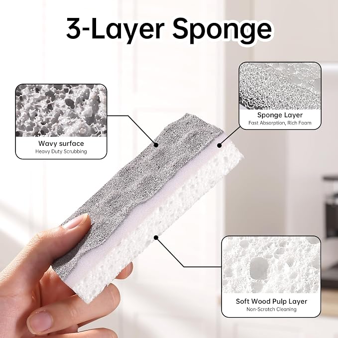 JOYMOOP Textured Clean Sponges, Dual-Sided Non-Scratch Soft Scrub Dish Sponge, Safe for Non-Stick Cookware, Kitchen and Household Cleaning, 24 Pack [Grey & White]