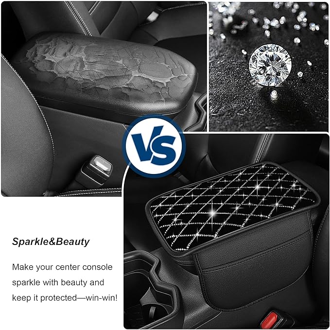 Armrest Cover with 2 Storage Bags Fit for VW/Volkswagen Faux Leather Car Center Console Cover with DiamondStorage Box Waterproof Arm Rest Covers(Black)