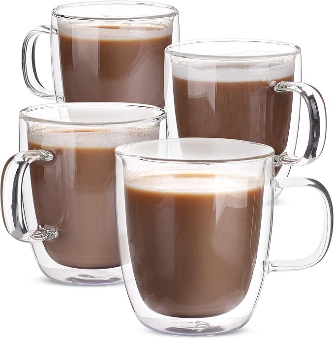 BTaT- Double Walled Glass Coffee Mugs, 12 oz, Set of 4, Glass Coffee Cups with Handle, Insulated Clear Coffee Mug for Hot Beverages, Cappuccino, Latte, Tea, Americano, Microwave & Freezer Safe