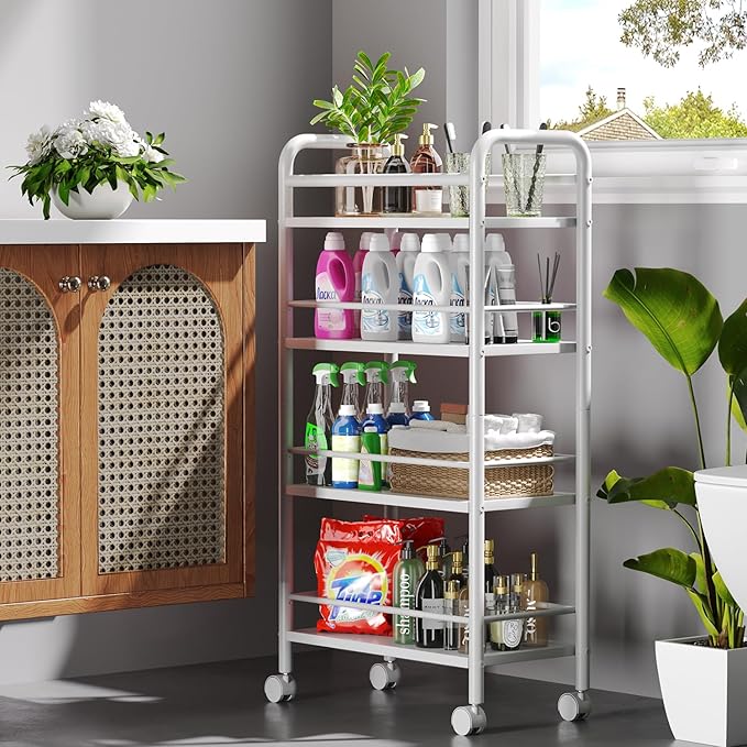 Slim Storage Cart, 4-Tier Small Rolling Cart with Wheels, 9.1" Deep, Narrow Bathroom Shelf Trolley for Kitchen, Bathroom, Laundry Room, White Large 4-Tier (9.1" W x 33.6" H)