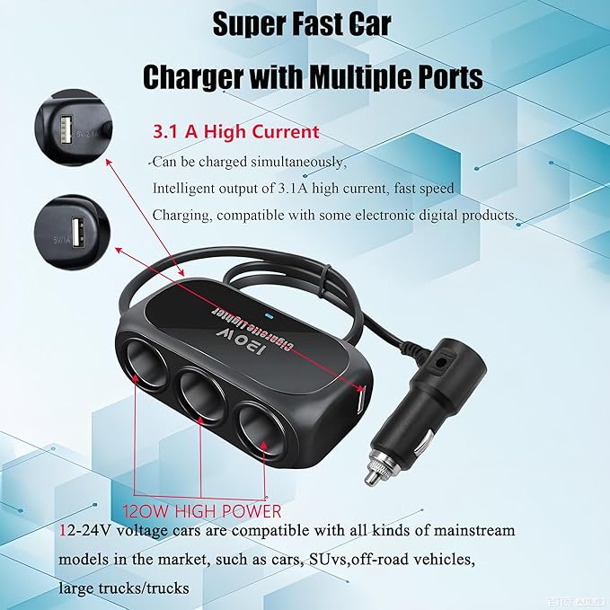 120W 3 Socket Car Cigarette Lighter Adapter,3 Socket Splitter with 2 USB Ports,12V/24V Universal Multi-Port Car Charger with 6-Layer Safety & LED Indicator for Dash Cam GPS Phone Truck SUV