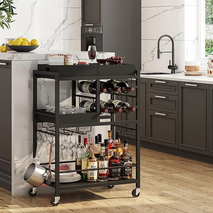 TUTOTAK Bar Cart, Home Bar Serving Cart, 3-Tier Kitchen Cart on Wheels, Rolling Beverage Cart with Wine Rack and Glass Holder, Black BC01BK037