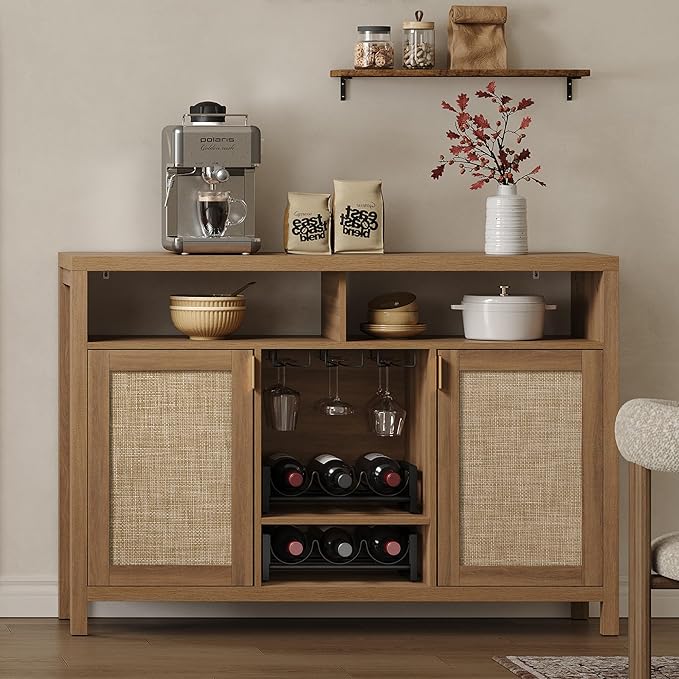 SICOTAS 51" Coffee Bar Cabinet Bar Cart with Storage, Wine Bar Cabinets Boho Home Bar Table, Rattan Sideboard Buffet with 2 Doors, Coffee Station with Wine Racks for Living Dining Room Entryway