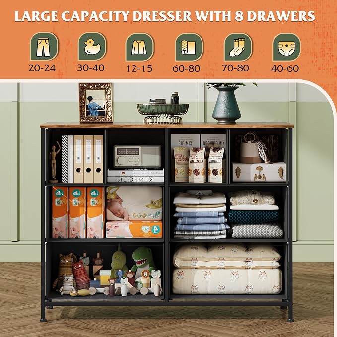 WLIVE Dresser for Bedroom with 8 Drawers, Wide Fabric Dresser for Storage and Organization, Bedroom Dressers, Chest of Drawers for Living Room, Closet, Hallway, Pattern