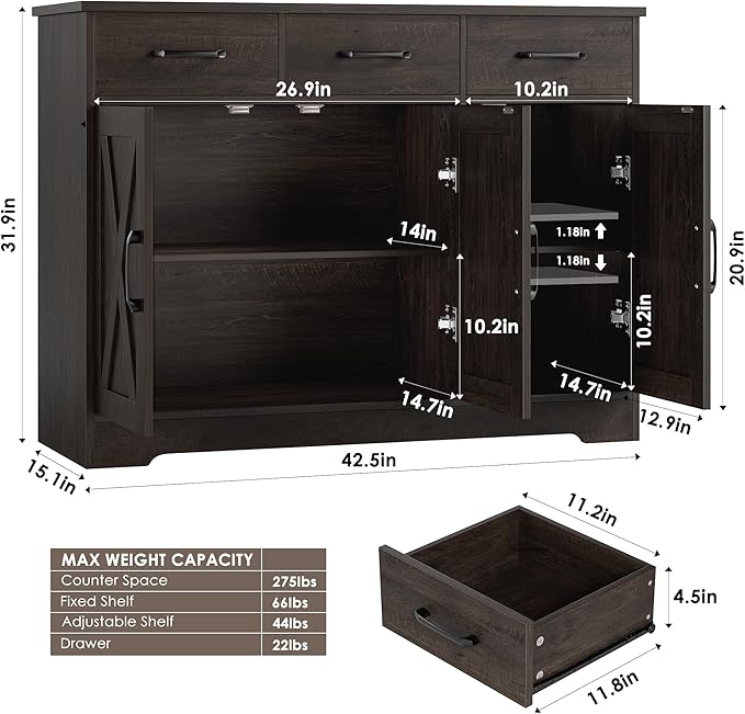 HOSTACK Modern Farmhouse Buffet Sideboard Cabinet, Barn Doors Storage Cabinet with Drawers and Shelves, Wood Coffee Bar with Storage for Dining Room, Kitchen, Living Room, Dark Brown