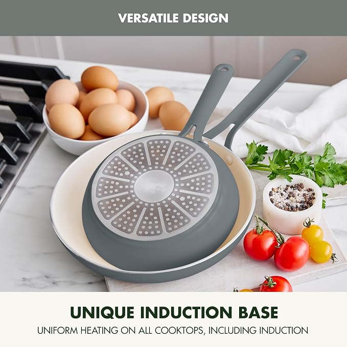 GreenPan Nova 2-Piece Nonstick Frying Pan Set, 8” & 10” Skillets, PFAS-Free Ceramic Cookware, Durable Fast Heating, Induction Ready, Omelet & Eggs, Oven Safe to 600F, Dishwasher Safe, Slate Gray