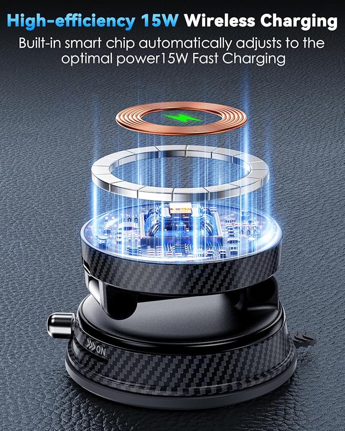 CloudValley Only for iPhone Magnetic Car Mount Charger【15W Fast Wireless Charging】 Compatible with MagSafe, Super Strong Vacuum Suction, 360° Adjustable Foldable Stand for Car Dashboard/Windshield