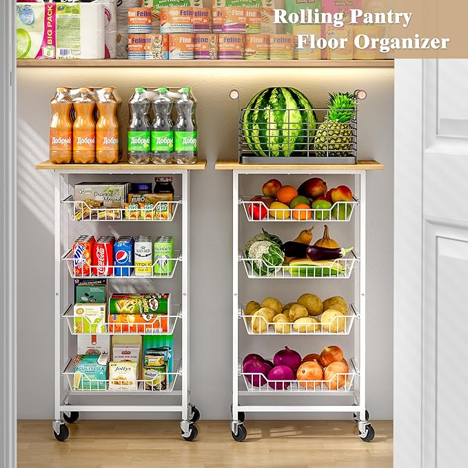 Kitchen Microwave Cart with Fruit Baskets, 5 Tier Microwave Table Stand with Fruit Vegetable Storage Small Rolling Cart on Wheels, Floor Organizers and Storage for Pantry Kitchen, Living Room