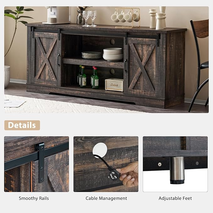 AMERLIFE 4-Piece Farmhouse Table Set Includes Sliding Barn Door TV Stand, Coffee Table& Two End Tables, Side Table with Charging Station and USB Ports, for Living Room, Dark Oak, 66"