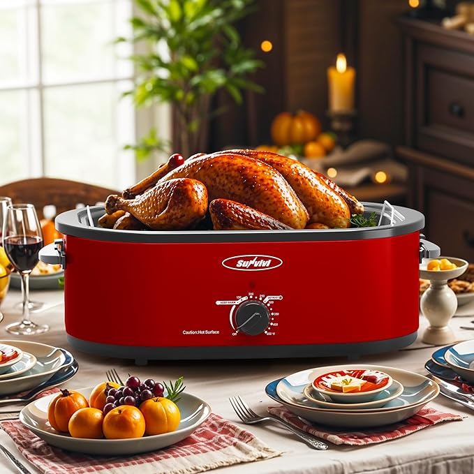 Sunvivi Electric Roaster,20 Quart Roasting Oven with Self-Basting Lid Removable Pan,Turkey Roaster Oven with 150 to 450F Temperature Control Cool-Touch Handles,Red