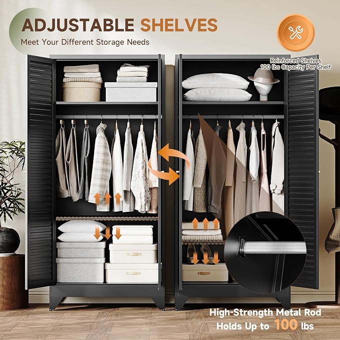Letaya Armoire Wardrobe Closet,20" Deep Metal Wardrobe Cabinet with Doors and Shelves,Hanging Rod Clothing Storage Cabinets for Home RoomBlack