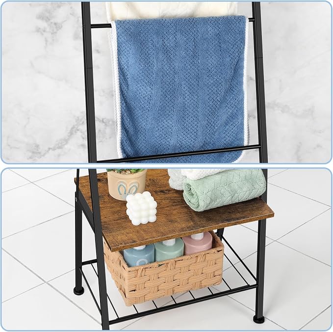 BTY Blanket Ladder Black Towel Ladder with Shelf Metal Blanket Ladder Holder for Bathroom Standing Ladder Towel Rack with Hooks Stocking Holders for Living Room Bedroom Laundry Room