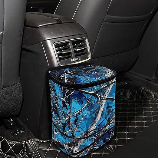 Blue Camo Hunting Car Trash Bin with Lid Car Trash Can Bags Hanging Auto Garbage Bin Storage Bag for Women Men