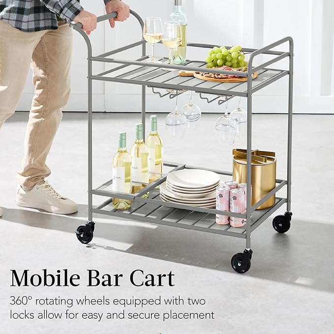 Best Choice Products Rolling Bar Cart, Mobile Home Bar Serving Cart, Serving Station w/ 2 Tier Shelves, Wine Rack, Lockable Wheels - Gray